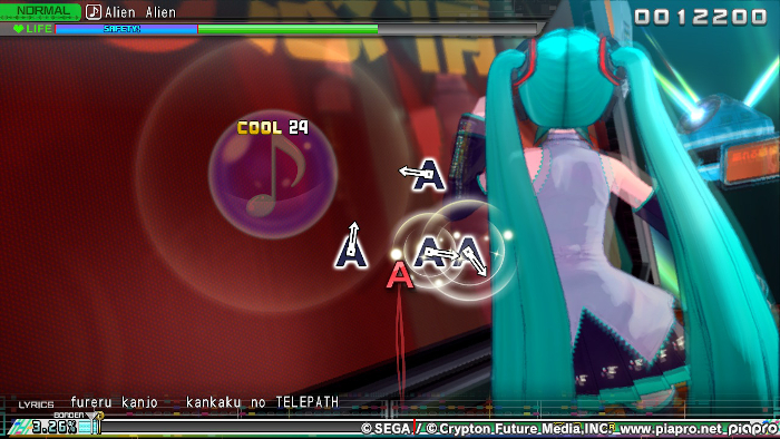 Playing Arcade Mode in Hatsune Miku: Project DIVA Mega Mix. 