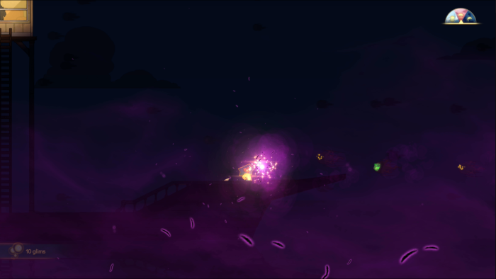 Stella collects bright jellies at a dark event area of the world map in Spiritfarer