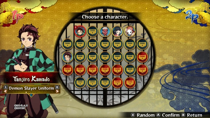 A character selection screen features Tanjiro and small icons of other characters, with several others locked