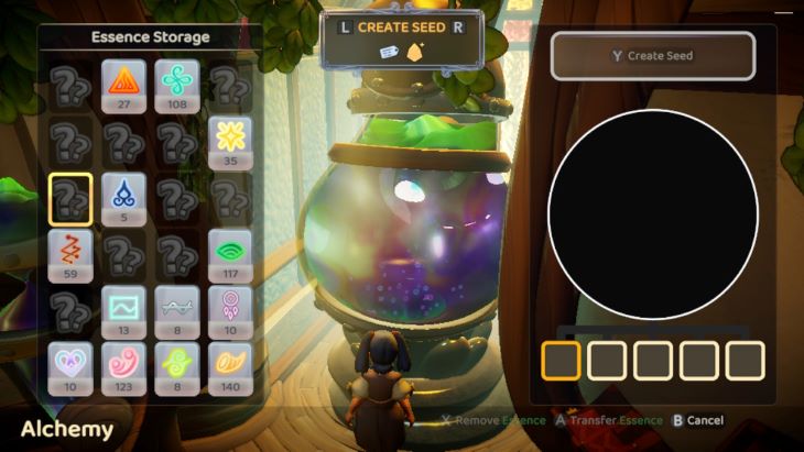 Inside the Alchemist's Cottage lives Coppertop the Cauldron. This image shows the World Seed screen you use to create various World Seeds from the Essences you have extracted.