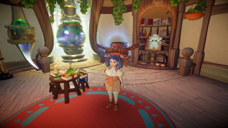 Game avatar standing in the main room of the alchemist's cottage. On her left is a small table. Directly behind her is the alchemist's tool bench. On the left of that is Coppertop the cauldron, and on the far right is Book.
