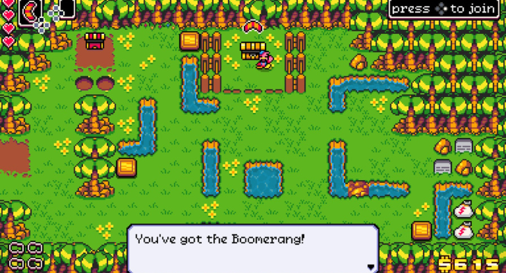 Dandy receives a yellow and red boomerang from a chest