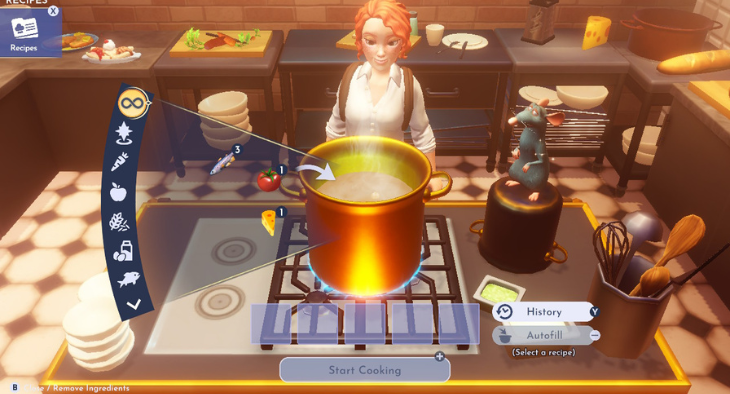 Remy watches as you put together a dish in Disney Dreamlight Valley