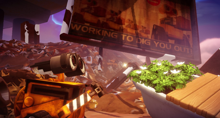 WALL-E examines some plants amid a lot of junk in Disney Dreamlight Valley