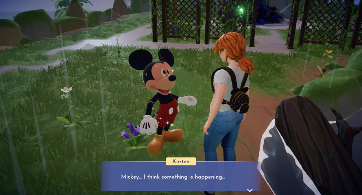 Talking to Mickey Mouse outside in the rain in Disney Dreamlight Valley