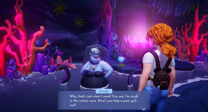 Talking to Ursula the Sea Witch in a cave in Disney Dreamlight Valley