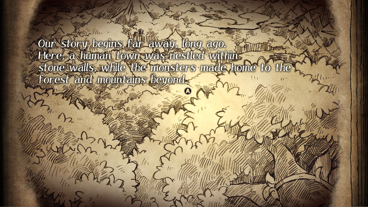 Image of the first page of the story for the game. It is done in the style of a pen and ink sketch on a page. There are leafy tree tops shown with text on top. The text reads 'Our story begins far away, long ago. Here, a human town was nestled within stone walls, while the monsters made home to the forest and mountains beyond.'