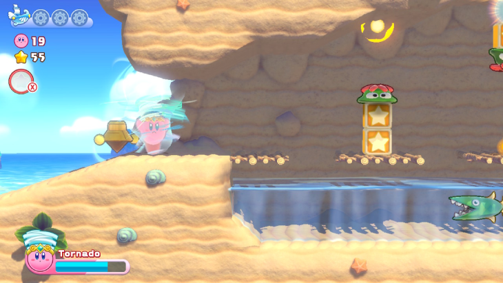 Exploring the beach in Kirby's Return to Dream Land Deluxe
