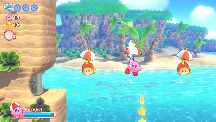 Gliding down using the parasol Copy Ability in Kirby's Return to Dream Land Deluxe 