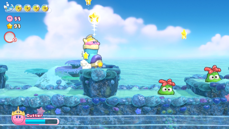 Using a Stomper Boot to navigate the level in Kirby's Return to Dream Land Deluxe 