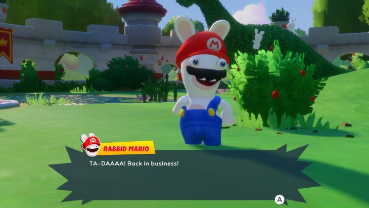Rabbid Mario finds his overalls.