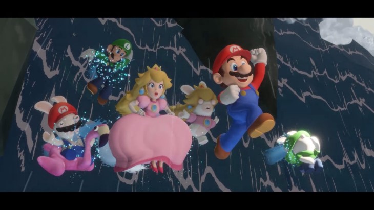 Mario and other heroes jump in opening scene.