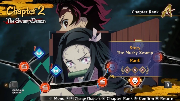 A chapter select menu of the Demon Slayer game features missions and memory clips in front of Tanjiro and Nezuko.