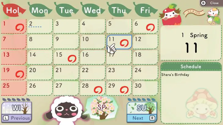 Holiday calendar in Rune Factory 3