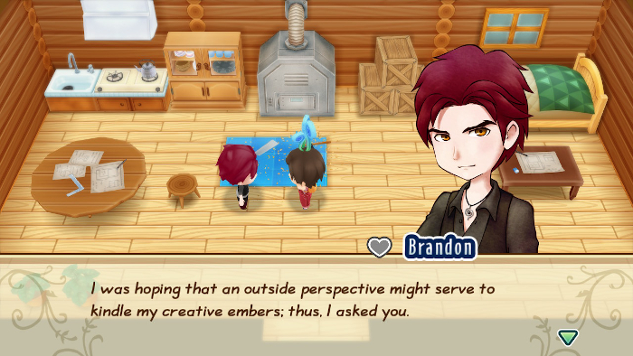 Talking to Brandon, a bachelor in Story of Seasons: Friends of Mineral Town