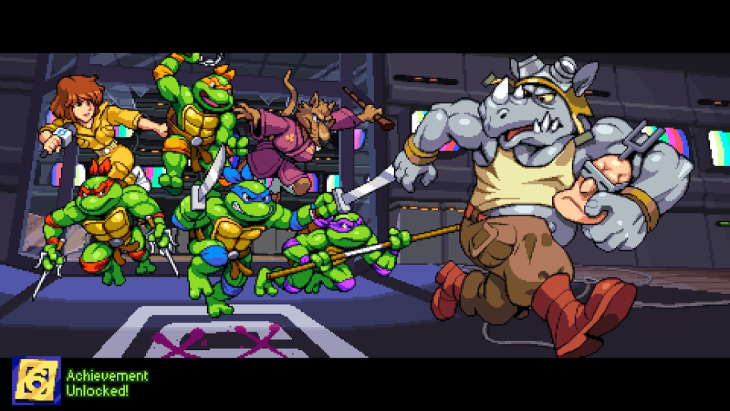 A cutscene after a level in Teenage Mutant Ninja Turtles: Shredder's Revenge