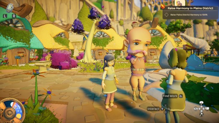 Avatar is standing on a path in the main square of the town. She is standing next to a being wearing a very large head mask, who is talking with another visitor to the district. Various trees and bushes can be seen decorating the background. 