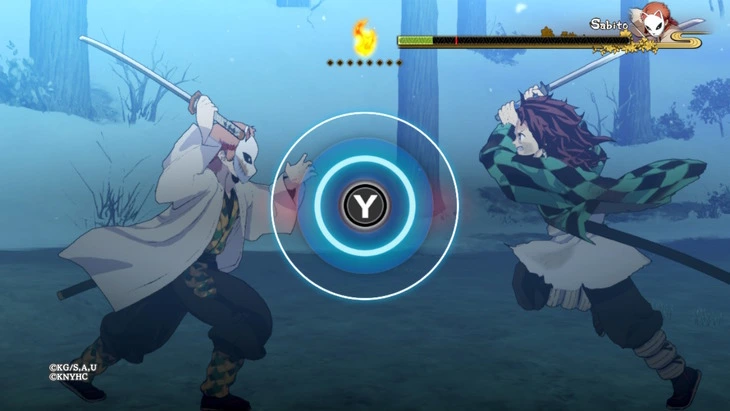 Tanjiro and Sabito are fighting each other with a large Y in the center of the screen