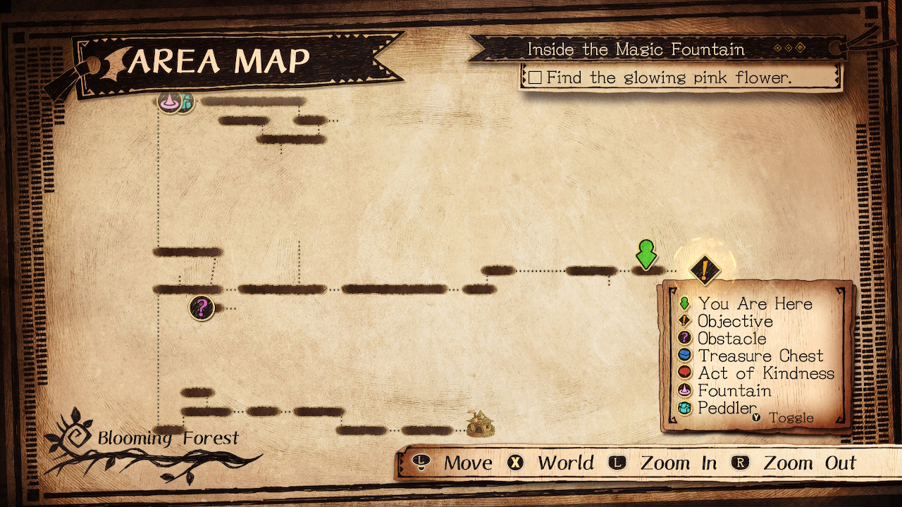 Image of the map screen from the game. There is a map key in the lower right corner, and areas explored indicated by darker sections and dashed lines