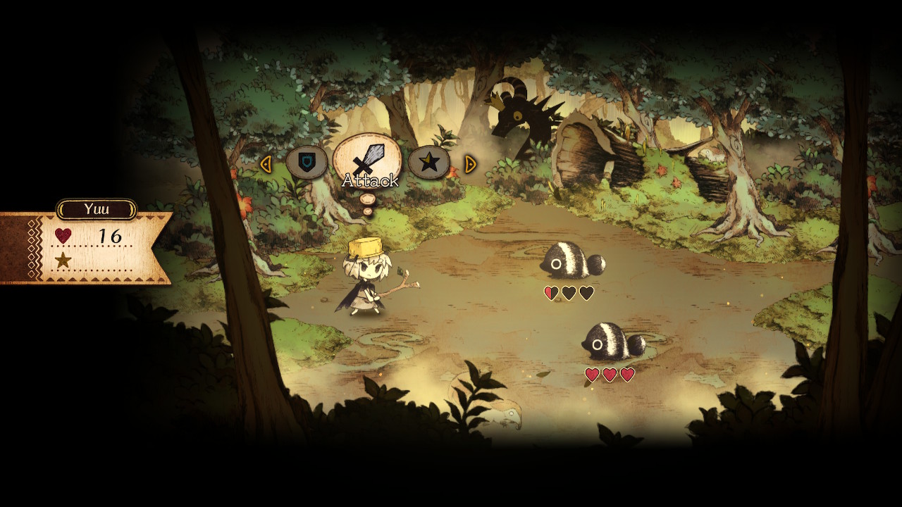 Image of a battle sequence. Shows Yuu on the left of the screen facing two furry monsters. Each monster has a row of three hearts below them. Yuu has a box with a heart and star icon on her left that show health and energy levels.