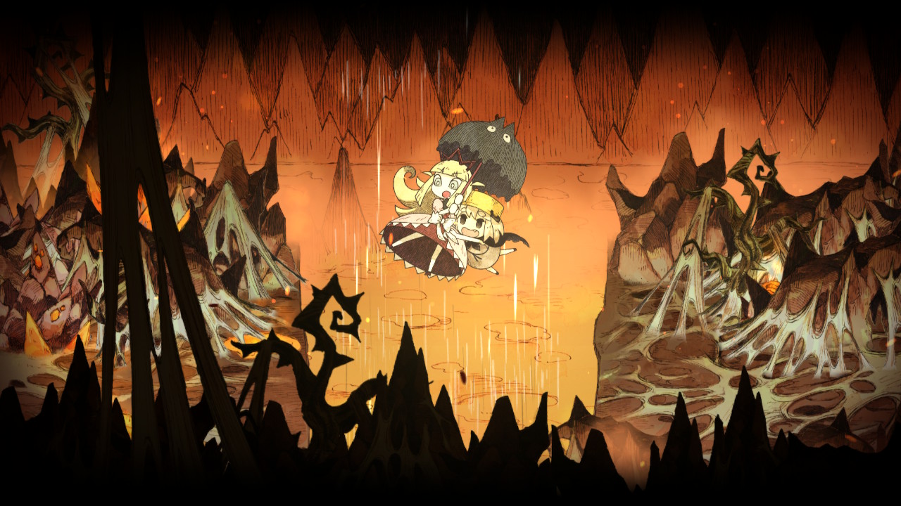 Image from deep inside the mountain on the game. Yuu and her companion are using a monster umbrella to float across a gap in the path.