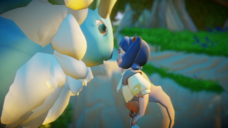 Avatar is sharing a nose kiss with the giant monster companion that flies her from place to place. The monster steed resembles a lion with a fluffy mane and antlers.