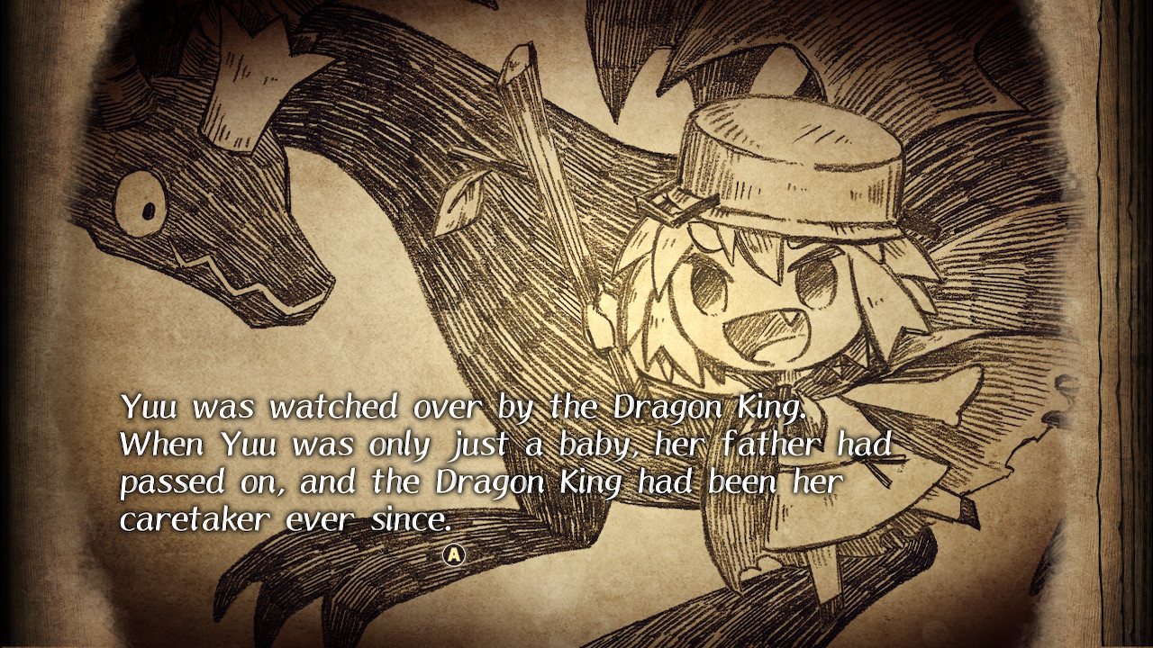 Image from beginning of game showing illustration style of pen and ink sketch on paper. The Dragon King is drawn next to the hero Yuu. Text on image reads 