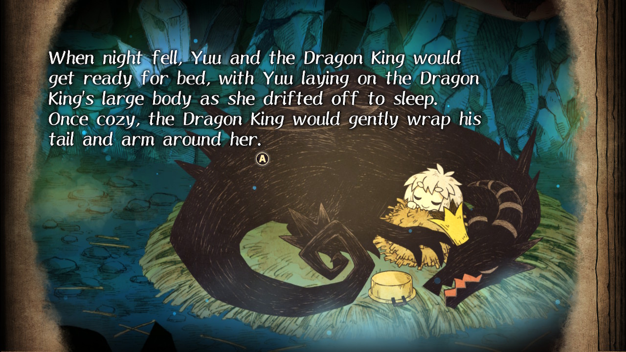 Image of the inside of the cave Yuu shares with her dragon foster father. Yuu is sleeping under a blanket of hay, with her dragon father curled up around her. The text is 'When night fell, Yuu and the Dragon King would get ready for bed, with Yuu laying onthe Dragon King's large body as she drifted off to sleep. Once cozy, the Dragon King would gently wrap his tail and arm around her.'