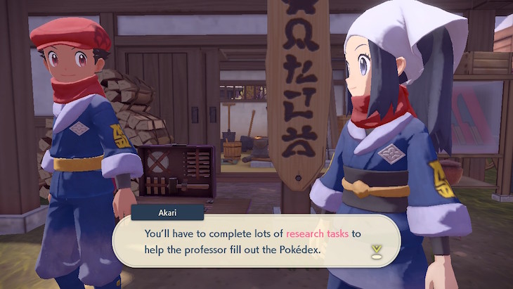 Akari explaining research tasks in Pokemon Legends Arceus