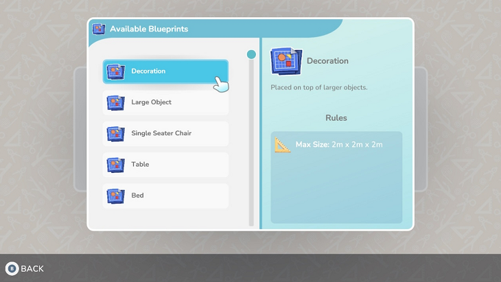 Menu showing blueprints available to create on the left side and a description of the requirements for each blueprint on the right.