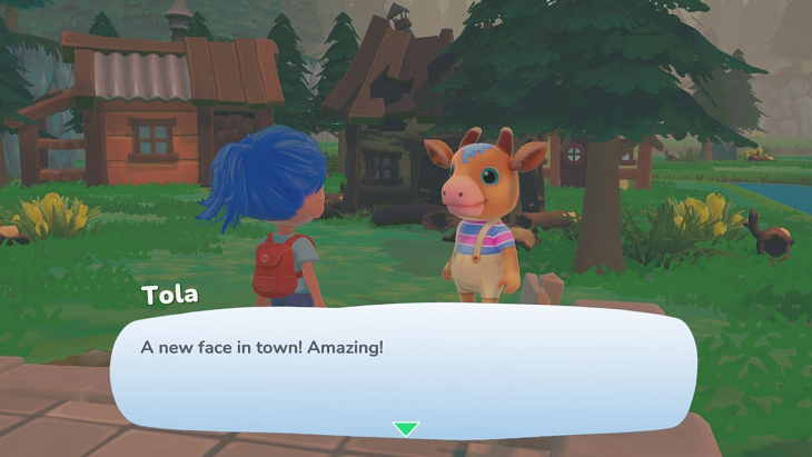 Game's avatar stands talking to a young bull wearing overalls and a striped shirt and walking on two legs. In the background is a run down cabin and a small brown cottage near some trees. The bull, Tola, has the speech bubble at the bottom and says A new face in town! That's amazing!