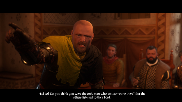 A story scene, where a lord berates Henry for his rash actions in Kingdom Come: Deliverance.