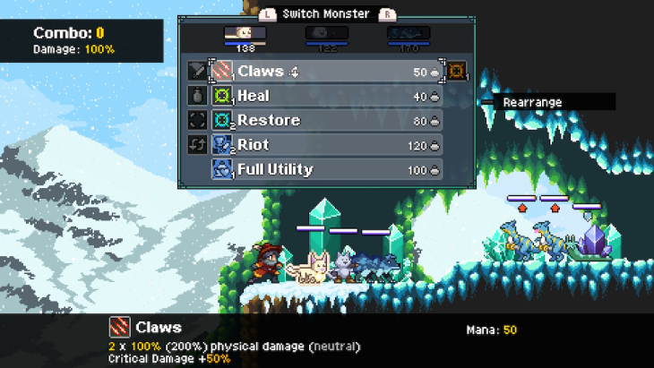 A fight in the Snowy Peaks in Monster Sanctuary