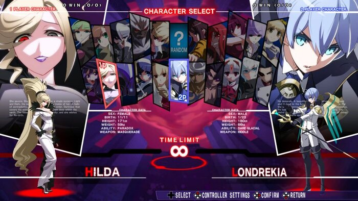 Under Night In-Birth Exe: Late [cl-r]'s character select screen